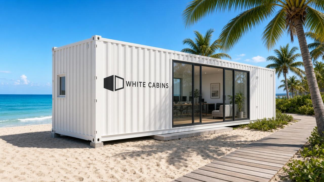 White Cabins modular office on a sunny beach with brand mark on the wall